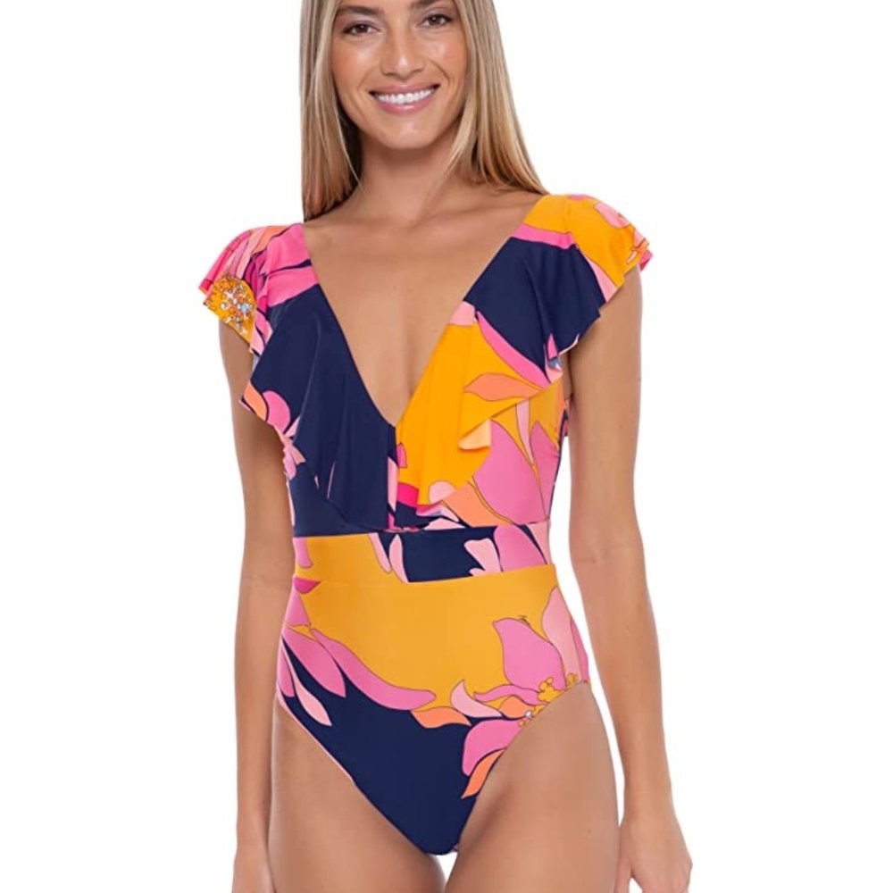 NWT Trina Turk Breeze Ruffle Over The Shoulder One Piece Swimsuit